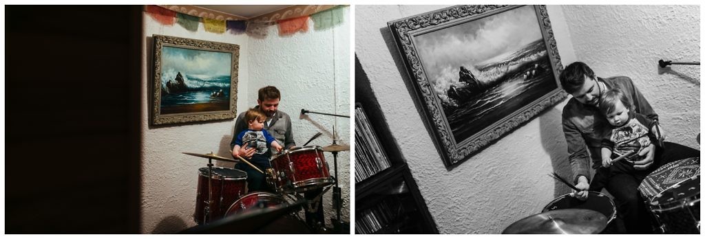 father-teaches-his-young-son-how-to-play-the-drums-in-their-revelstoke-british-columbia-home