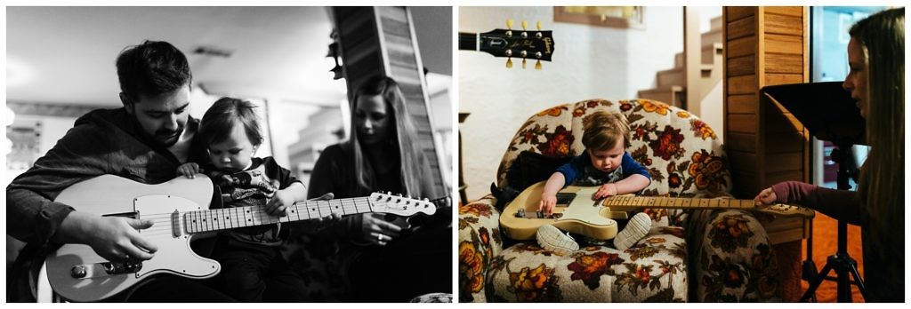 father-and-mother-teach-their-young-song-to-play-guitar-in-their-revelstoke-BC-home